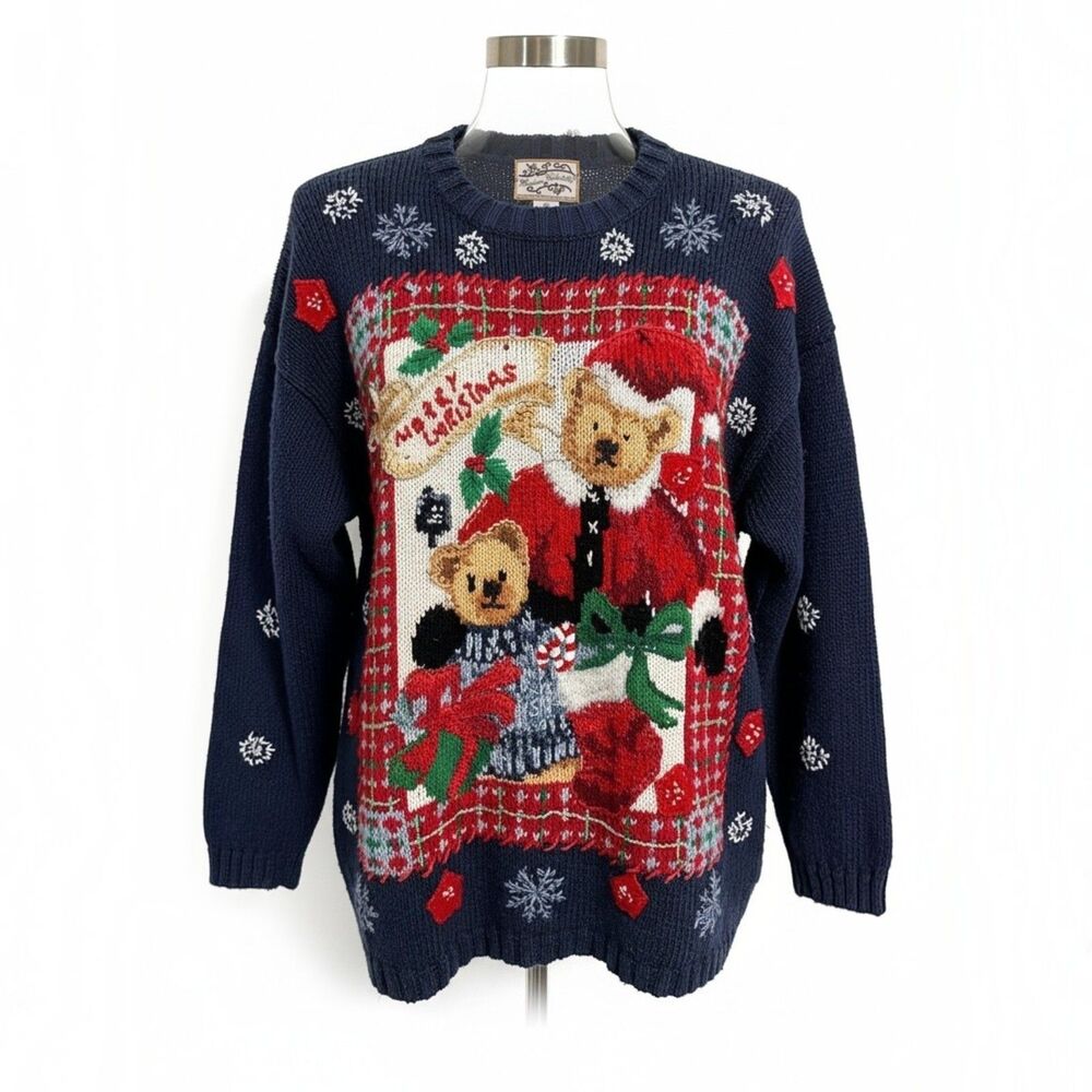 Vintage 1999 Heirloom Collectibles Christmas Sweater XL Teddy Bear Santa Ugly 90